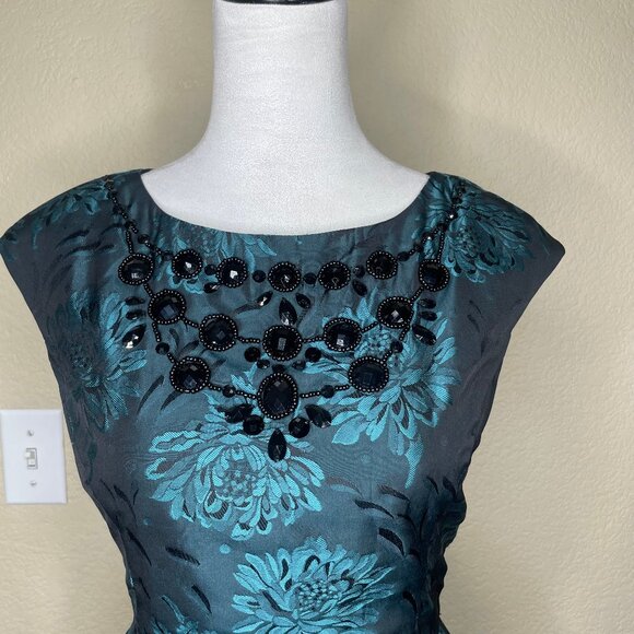 Jessica Howard Women's Metallic Blue Floral Print Jacquard Evening Dress 6P - Picture 2 of 13